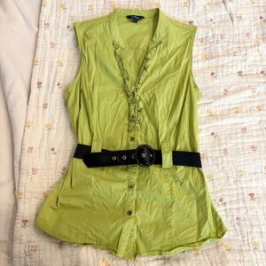 Y2K Green Reitman’s Black Belt Retro Ruffle Blouse Button Down Shirt
